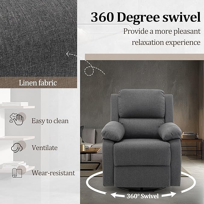 Recliner Chair, 360 Swivel Rocker Chair for Adults, Small Rocking Recliner for Small Spaces, Upholstered Fabric Glider Recliner Nursery Chair with Side Pockets for Living Room, Nursery