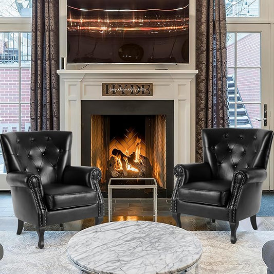 MOJAY PU Leather Accent Chair Set of 2, Modern Armchair Living Room Chair, Upholstered Club Chair with Rivet Trim, Mid-Century Sofa Chair with Sturdy Wood Legs for Bedroom (Black)