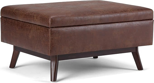 SIMPLIHOME Owen 34 inch Wide Mid Century Modern Rectangle Coffee Table Storage Ottoman in Distressed Saddle Brown Vegan Faux Leather, Assembled, For the Living Room, Entryway and Family Room