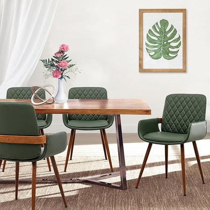 LUNLING Mid Century Modern Faux Leather Dining Room Chairs,Upholstered Seat Metal Legs Chairs Green Faux Leather Kitchen Chair Reception Room Chair 1PCS
