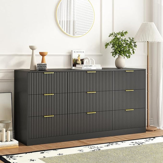 9 Drawer Dresser for Bedroom with Deep Drawers, 63" Wide Wood Dresser, Large Floor Chest of Drawers, Modern Long TV Stand, Storage Cabinet Side Table, Black