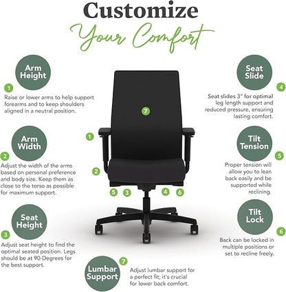 HON Ignition 2.0 Mid Back Task Chair, Spectrum Mesh, Advanced Synchro-Tilt Control, Office Chair with Lumbar Support, Height and Width Adjustable Arms, Black Frame, Linen