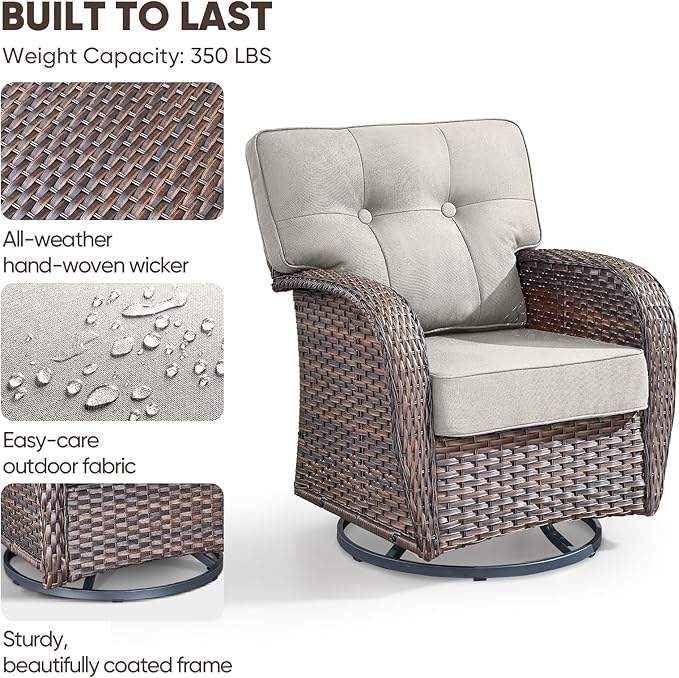 9-Piece Rotating Balcony Chair Set with 31-inch T-Shaped Wide backrest - Rattan Outdoor Rotating Balcony Chairs, Wide backrest Comfortable Outdoor Sliding Chair - Brown | Beige