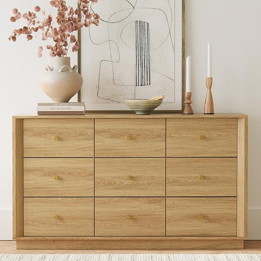 9 Drawer Dresser, Mid Century Modern Dresser with Storage, 55" Wide Chest of Drawers with Wood Grain Texture, Dressers TV Stand for Bedroom, Living Room, Hallway, Gold Oak