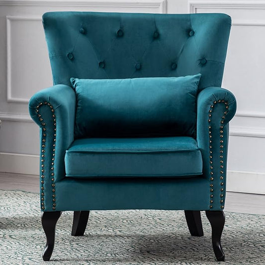 Mid Century Modern Accent Chair Upholstered Armchair Comfy Velvet Fabric Single Sofa with Tufted Wingback for Small Spaces Bedroom Living Room, Teal