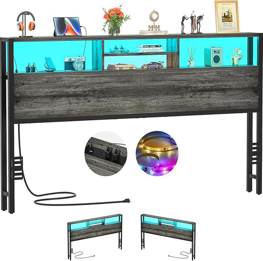 Aheaplus Headboard for King Size Bed with Storage, Headboards with Outlets, USB Ports and LED Light, King Size Head Board Only, Height Adjustable, Reversible, Sturdy and Stable Headboard, Black Oak