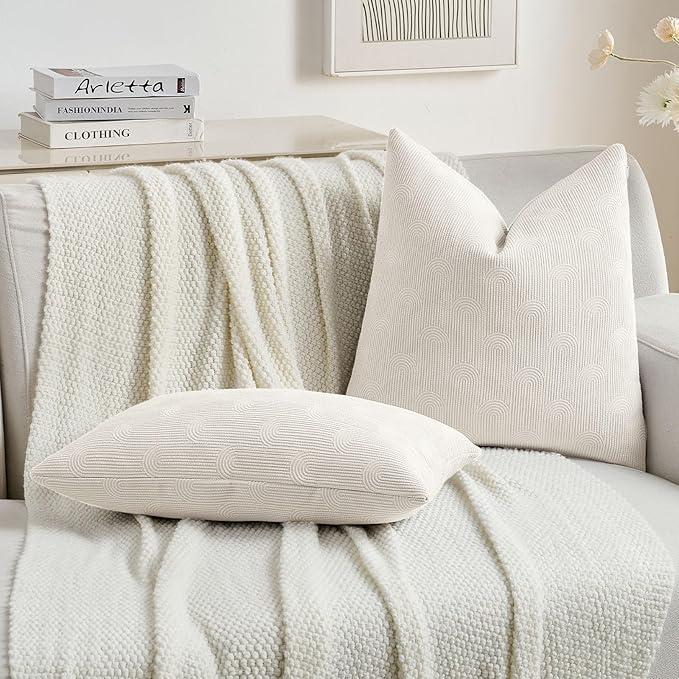 FUTEI Cream Chenille Decorative Throw Pillow Covers 12x20 Inch Set of 2,Soft Cozy Striped Geometric Patterns Lumbar Pillow Cases,Modern Home Decor for Couch Bed Living Room