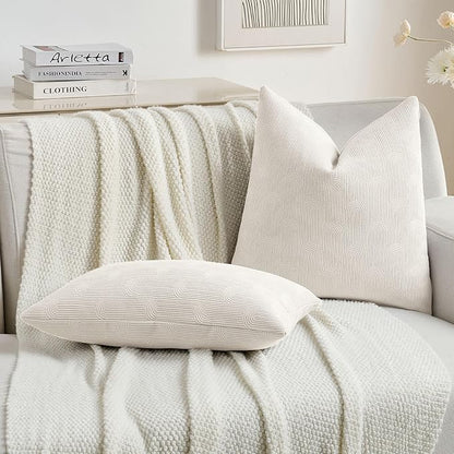 FUTEI Cream Chenille Decorative Throw Pillow Covers 12x20 Inch Set of 2,Soft Cozy Striped Geometric Patterns Lumbar Pillow Cases,Modern Home Decor for Couch Bed Living Room
