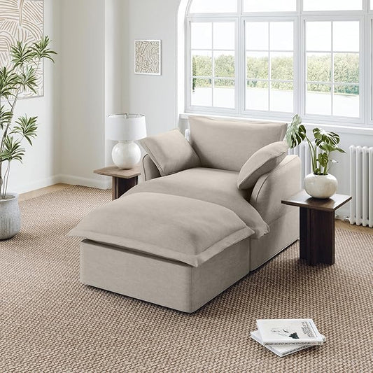 48” Oversized Chaise Lounge Chair, Modular Sectional Sofa, Down Fill Cloud Couch with Washable Cover, Single Seater with Ottoman, Sectional Couches for Living Room Apartments, Light Gray