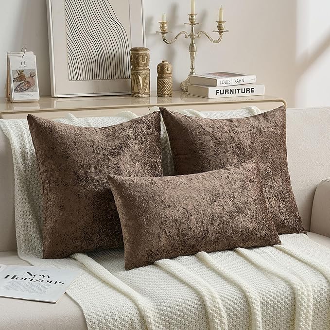 FUTEI Dark Coffee Flannel Throw Pillow Covers 16x16 Inch Set of 2,Soft Dimensional Textured Cushion Cases,Modern Home Decor for Couch Living Room