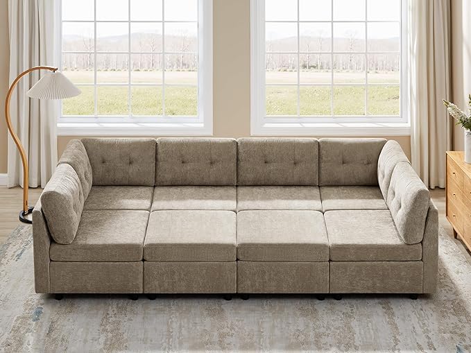 VANOMi 118" Modular Cloud Sofa with 2 Ottomans, 8 Seater Convertible Modular Sectional Sofa Bed, Comfy Chenille Sofas & Couches for Living Room, Apartment, Office, Camel, Large Sofa Bed