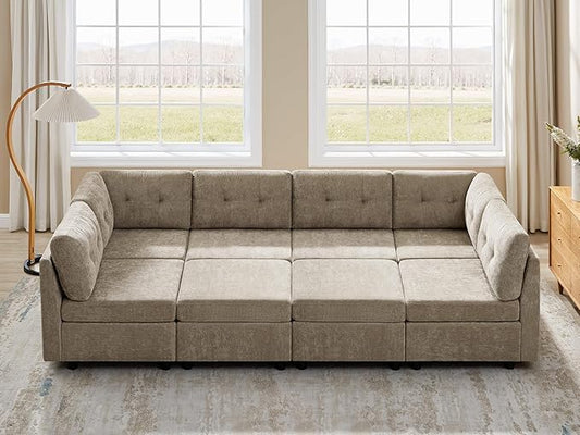 VANOMi 118" Modular Cloud Sofa with 2 Ottomans, 8 Seater Convertible Modular Sectional Sofa Bed, Comfy Chenille Sofas & Couches for Living Room, Apartment, Office, Camel, Large Sofa Bed