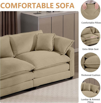 mikibama Luxury 3 Piece Sofa Set, 3-Seater & 2 Loveseat Couch Set, Modern Corduroy Comfy Cloud Couches Set for Living Room Office with 6 Armrest Pillows and 7 Toss Pillows, Camel