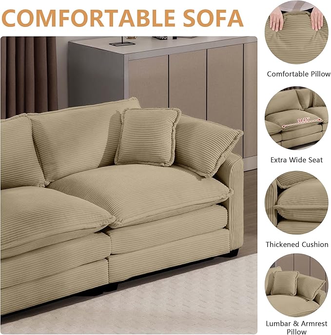 mikibama Luxury 2 Piece Sofa Set, 2 Pieces of Loveseat Couch, Modern Corduroy Comfy Cloud Couches Set for Living Room Office with 4 Armrest Pillows and 4 Toss Pillows, Camel