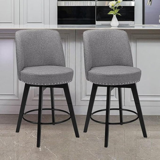 MINCETA Bar Stools Set of 2, 26 Inch Upholstered Barstools with High Back and Footrest, Swivel Counter Height Barstools for Kitchen Island Home Bar Gray