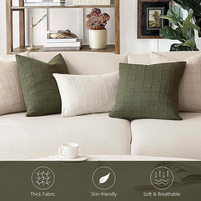 Foindtower Set of 2 Decorative Linen Check Throw Pillow Covers Neutral Farmhouse Lumbar Cushion Covers Modern Boho Home Decor for Sofa Chair Couch Bedroom Living Room,12×24 Inch,Olive Green