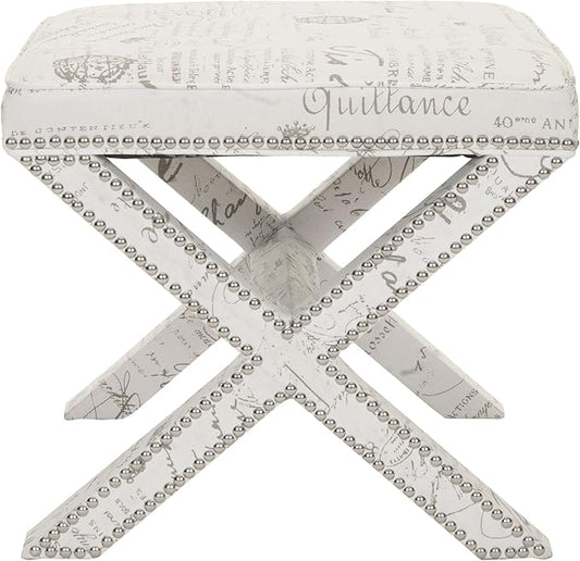 SAFAVIEH Home Collection Palmer Eggshell & French Writing with Silver Nailhead Trim X-Bench Ottoman Foot Stool, Fully Assembled (MCR4589J)