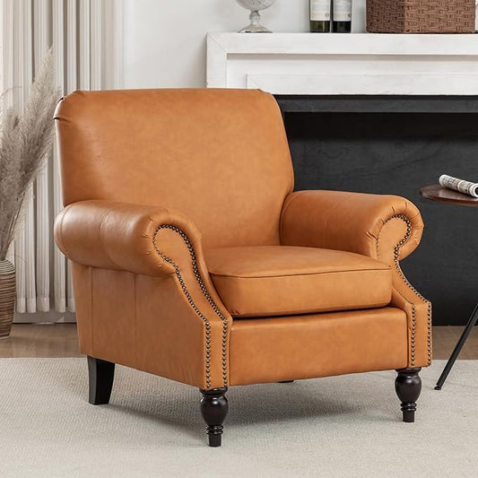 Accent Chair,22.4" Seat Depth Armchair with Roll Arms,36.6W*34.3D*34.6H Living Room Chair,Wood Legs,Set of 1,Faux Leather in Brown
