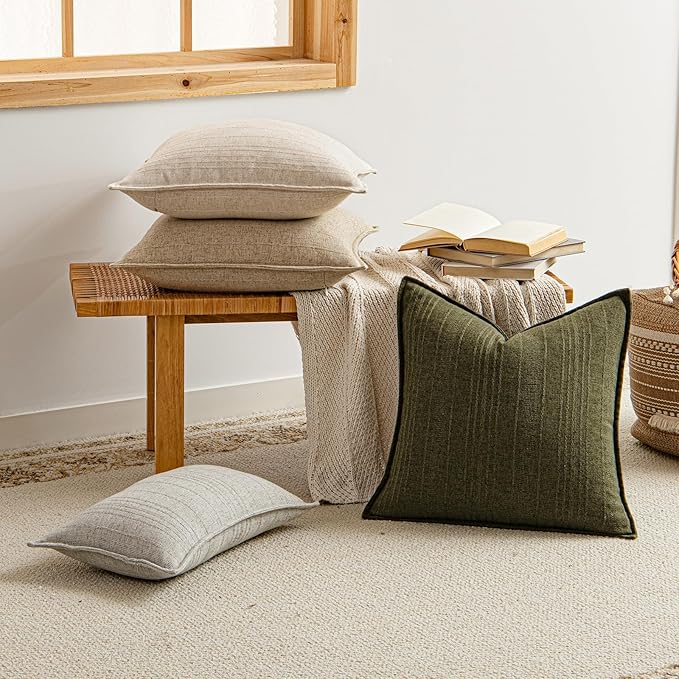 a moment Christmas Linen Pillow Covers Set of 2,Boho Farmhouse Throw Pillowcases Neutral Textured Decorative Covers for Couch Sofa,Soft Linen Blend Accent Case Cushion Home Decor 22"x22"Dark Green