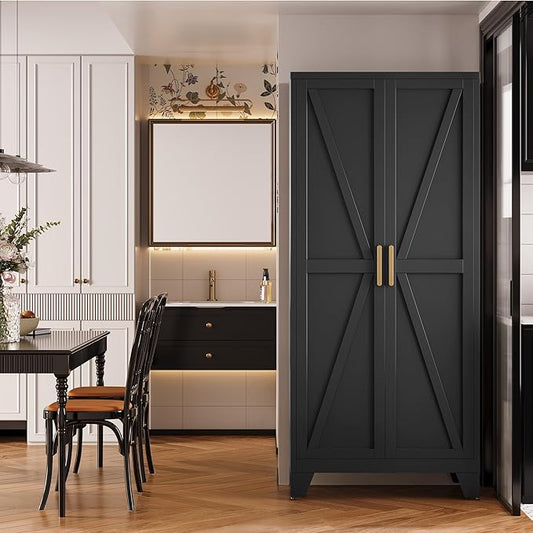 Large Metal Kitchen Pantry Storage Cabinet with Adjustable Shelves - Freestanding Kitchen Storage Cabinet for Dining Room,Livingroom Bathroom, Hallway, Workshop, Office (Black, 71"- 0 drawer)