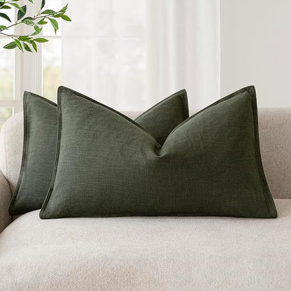 Foindtower Pack of 2, Decorative Linen Solid Throw Pillow Covers Accent Lumbar Cushion Case Boho Farmhouse Pillowcase for Chair Couch Sofa Bedroom Living Room Home Decor 12 x 20 Inch Dark Olive Green