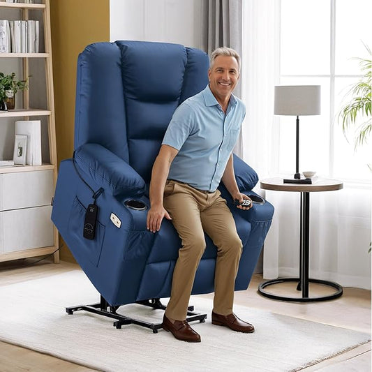 MCombo Power Lift Recliner Chair for Elderly, Lift Chair with Heat and Massage, USB Ports, Cup Holders, Faux Leather 7519 (Medium, Navy Blue)