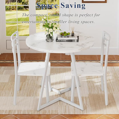VECELO Small Round Dining Table Set for 2, Wood Tabletop with Strong Metal Frame, Modern Dinette with Chairs for Kitchen, Breakfast Nook Living Room, Faux Marbled & White