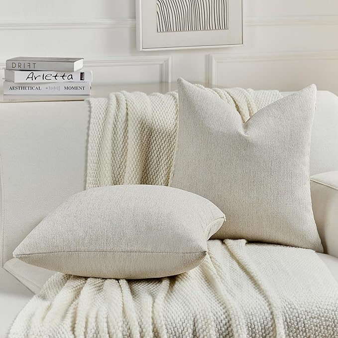 FUTEI Natural White Wood Chenille Decorative Throw Pillow Covers 26x26 Inch Set of 2,Soft Cozy Faux Linen Textured Euro Pillow Shams,Farmhouse Home Decor for Couch Living Room