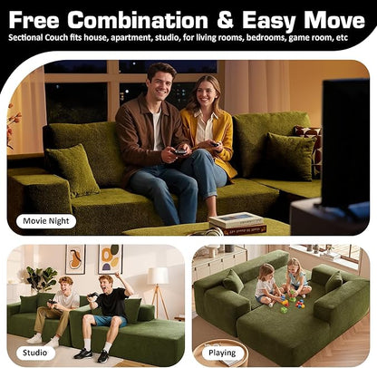 106" Cloud Sectional Couch with L-Shape Chaise & Ottoman, No Assembly Modular Sofa, Deep Seat Corduroy Boneless Couched for Living Room (Green Cloudy Velvet, Right Facing Chaise with Ottoman)