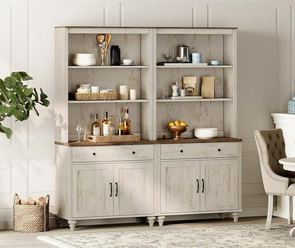 WAMPAT 5 Tier Bookshelf 72" Tall Bookcase with Barn Doors, Large Farmhouse Display Book Shelf with 2 Drawers and Storage Cabinet, Library Wood Bookshelves for Living Room,Kitchen, Rustic White (2PCS)