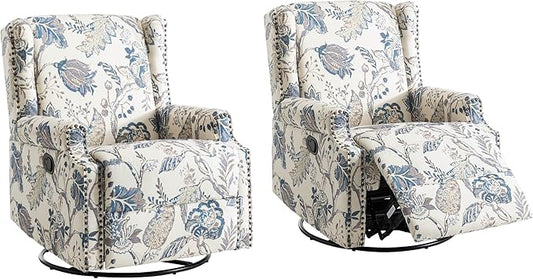 UIXE Swivel Rocker Manual Recliner Chairs Set of 2, Wingback Swivel Glider Fabric Nursery Reclining Sofa Chair, High Back Upholstered Arm Chair for Living Room Bedroom - Blue Plants