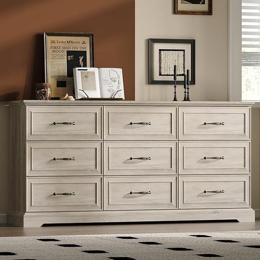 Farmhouse 9 Drawers Dresser for Bedroom, 63" Wide Modern Chest of Drawers with Deep Drawers & Bar Handles, Rustic Wood Dresser TV Stand, Wooden Closet Storage Organizer for Living Room, Hallway, Grey