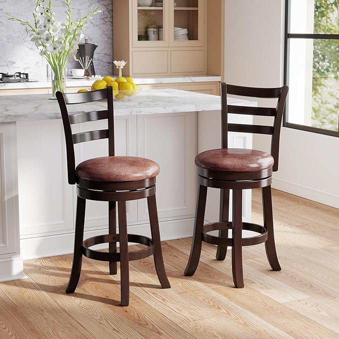 COSTWAY 26" Counter Height Stools Set of 4, Swivel High-Top Chairs with Backrest & Faux Leather Padded Seat, Rubber Wood Counter Barstools with Footrest for Kitchen, Dining Room, Pub (4,26'')