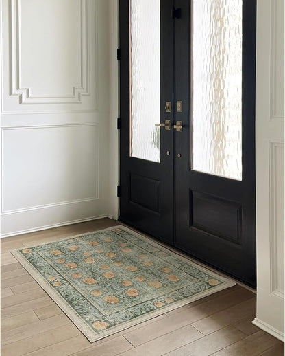 RUGGABLE x Morris & Co Washable Area Rug – Pimpernel Vintage Green 3x5, Stain-Resistant, Non-Slip – Small Machine Washable Rugs for Living Room, Bedroom, Hallway, Entryway & Office–with Standard Pad