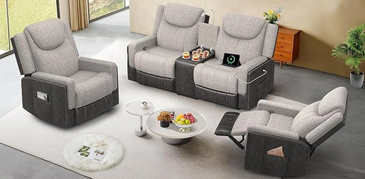 Living Room Furniture Set, Loveseat Recliner Sofa with Storage Console and 2 Oversize Recliner Chairs, Elegant Timeless Manual Reclining Couches for Living Room/RV (Grey, 2+1+1)