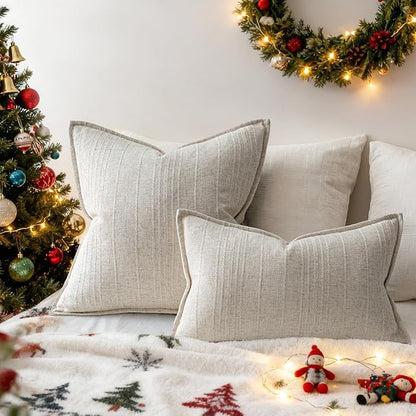 a moment Linen Pillow Covers Set of 2,Boho Farmhouse Throw Pillowcases Neutral Textured Decorative Covers for Couch Sofa, Soft Linen Blend Accent Case Cushion Christmas Home Decor 26"x26"Ivory
