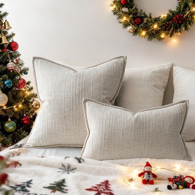 a moment Linen Pillow Covers Set of 2,Boho Farmhouse Throw Pillowcases Neutral Textured Decorative Covers for Couch Sofa Bed,Soft Linen Blend Accent Case Cushion Christmas Home Decor 20"x12"Ivory