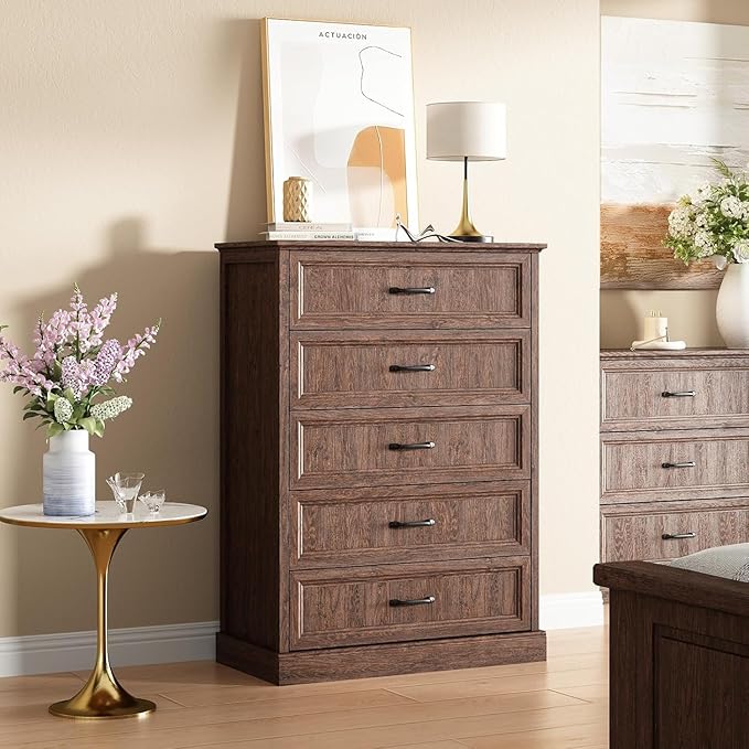 CARPETNAL Farmhouse Dresser and Nightstand Sets for Bedroom, 4 Pcs Bedroom Set, 5 Drawer & 7 Drawer Dresser and Nightstand Set of 2, Wood Chest of Drawers for Living Room, Entryway, Brown