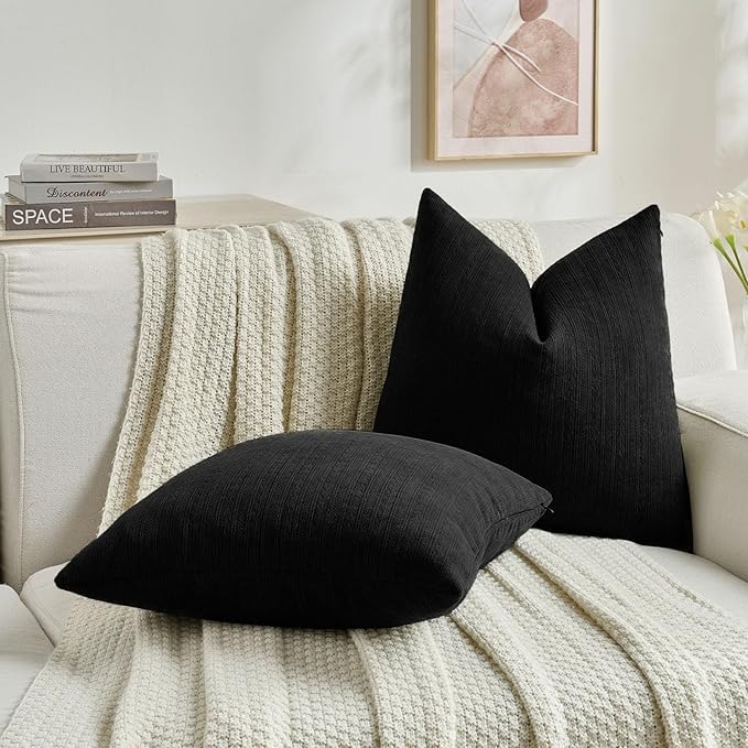 FUTEI Black Decorative Throw Pillow Covers 12x20 Inch Set of 2,Soft Cozy Wheat Ear Striped Patterns Lumbar Pillow Cases,Modern Home Decor for Couch Bed Living Room