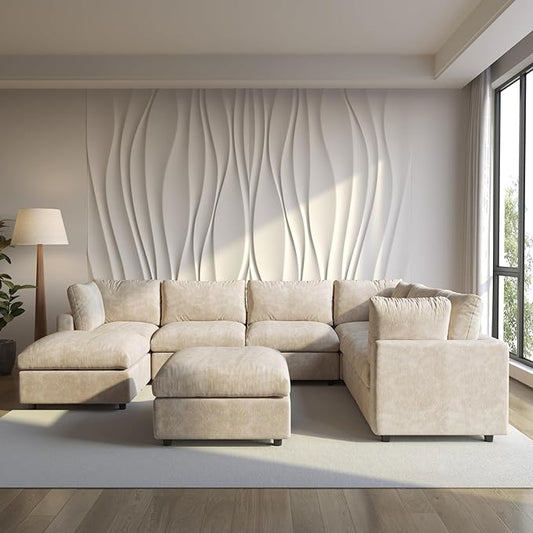 Modular Sectional Sofa with Ottoman,134inch U Shaped Convertible Cloud Couch,8 Seater Convertible V Shaped Living Room Sets,Cover Washable and Replaceable Couches for Living Room,Khkai
