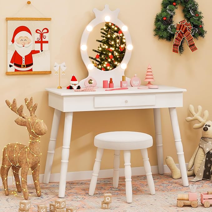 Costzon Kids Vanity, Girls Vanity Set with Mirror and Stool and Lights, Drawer, 2 in 1 Wooden Toddler Makeup Vanity Desk Dressing Table, Kids Vanity Table and Chair Set (White)