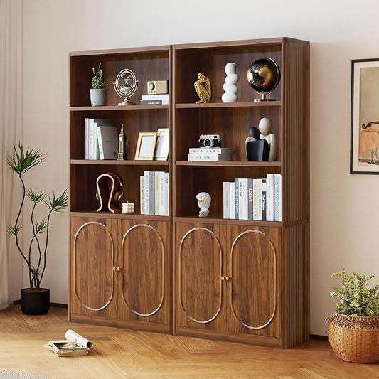 70.8" Tall Fluted Bookshelf with Storage Cabinet Set of 2, Modern 5-Tier Wood Bookcase with Open Display Storage Shelf, Gold Handles for Office Living Room (Walnut)