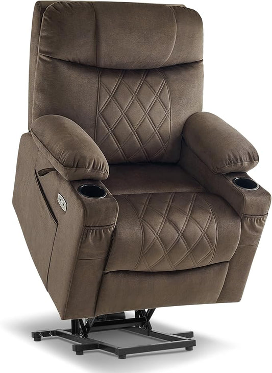 MCombo Small Size Triple Motor Power Lift Recliner Chair Sofa with Massage and Dual Heating, Adjustable Headrest for Elderly People Petite, USB Ports, Extended Footrest, Fabric 7222 (Coffee)