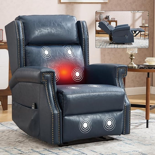 Manual Recliner Chair with Massage & Lumbar Heat, Breathable Leather Reclining Chair for Adults, Humanized Design Easy to Install Living Room Recliners Blue
