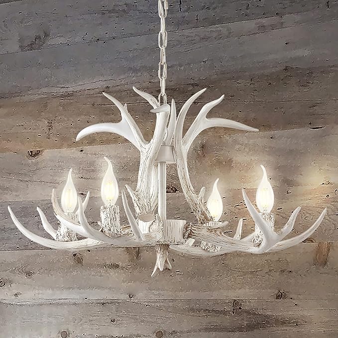 JONATHAN Y JYL6301B Eldora 26" Adjustable Resin Antler 4-Light LED Chandelier, Glam, Rustic,Cottage,Transitional, Dimmable Dining Room, Living Room, Kitchen, Foyer, Bedroom, White