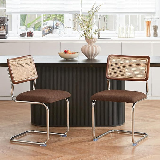 Brown Rattan Dining Chairs Set of 2, Wooden Mid-Century Modern Kitchen Chairs, Mesh Back Cane Dining Room Chairs, Cesca Chair with Metal Chrome Legs