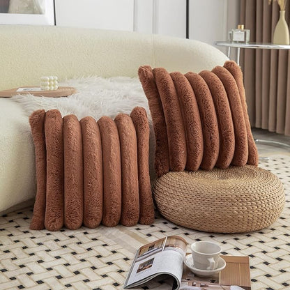 Neelvin Brown Faux Fur Cozy Soft Stripe Decorative Throw Pillow Covers 20x20 inch Set of 2,Velvet Pillowcase Cushion Case for Sofa Couch