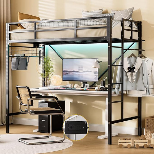 Loft Bed Twin,Loft Bed with Built-in Power Outlet LED Lights,Clothing Hanger,Storage Pouch,Heavy Duty Metal Safety Guard Rail for Kids Teens Adults,No Box Spring Needed,Black