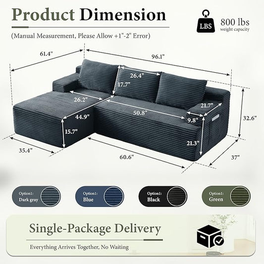 96''Sectional Couches for Living Room,Modern Modular Sectional Sofa,Upholstered Boneless Couch with Pockets,Comfy Cloud Couch with L Shaped Chaise(Dark Grey, 96''W Left Facing Chaise)