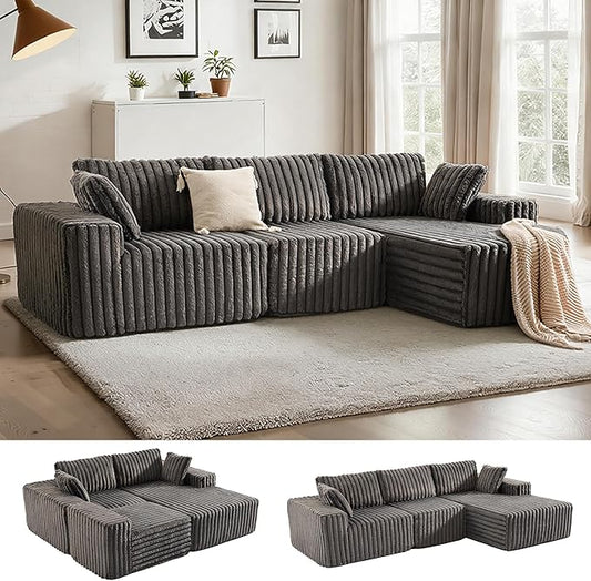 Apicizon 113" Modular Sectional Couch for Living Room, L Shaped Sectional Sofa Couch with Deep Seat, 3 Seat Boneless Sofa with Chaise Longue for Apartment，No Assembly Required (Plush Corduroy Gray)